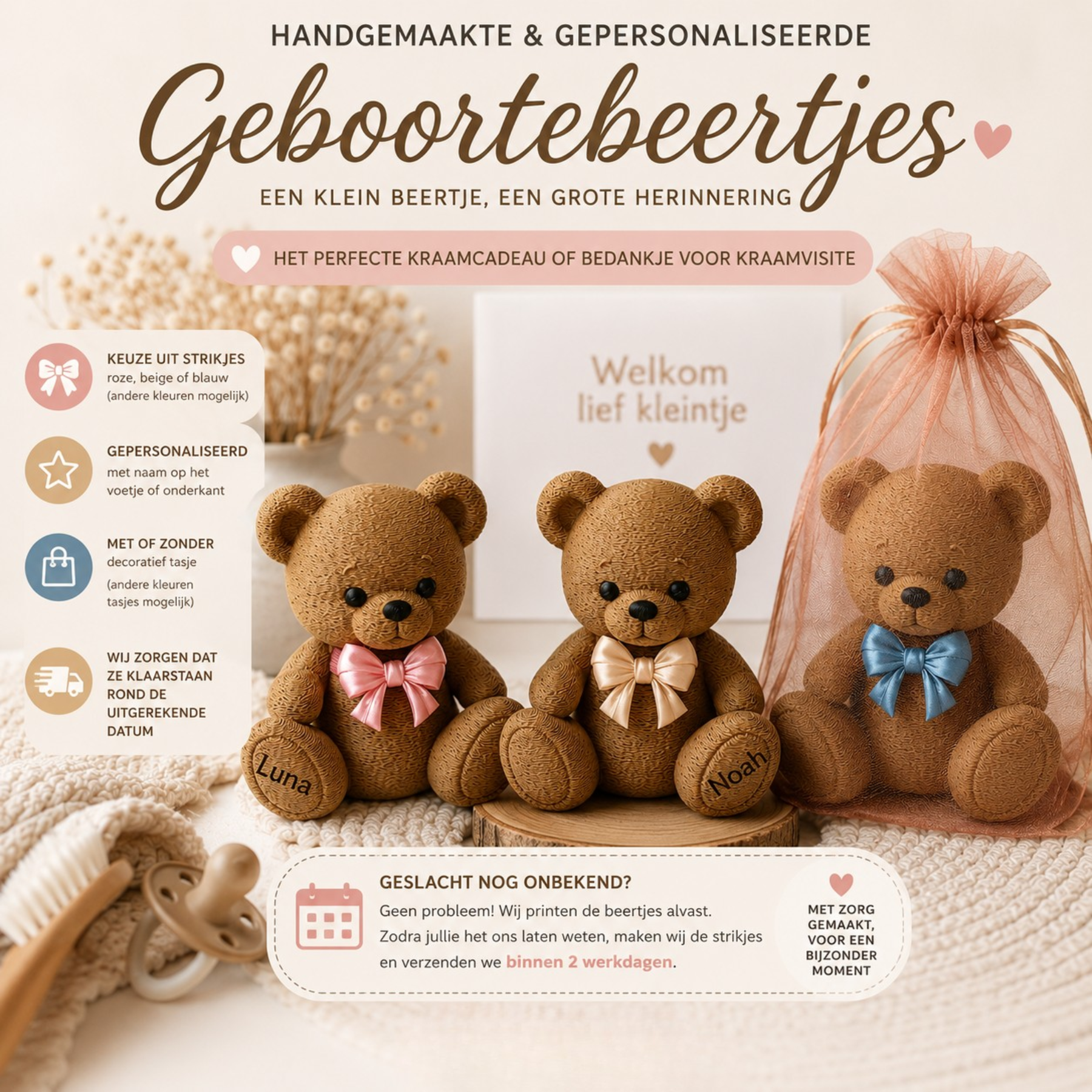 Geboortebeertjes kraamcadeau, kraamvisite bedankjes